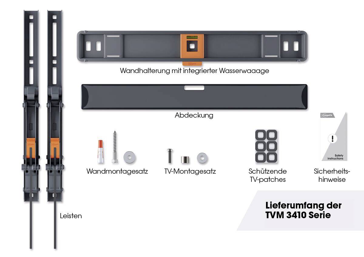 System mocowania ściennego TVM 3410, składający się z uchwytów ściennych z zintegrowaną poziomicą, pokrywą, zestawem montażowym oraz instrukcjami bezpieczeństwa.
