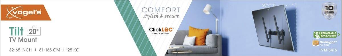 Uchwyt do telewizora Vogel, regulowany 20°, do ekranów 32-65 cali, zapewniający komfort i stabilność, z 10-letnią gwarancją.