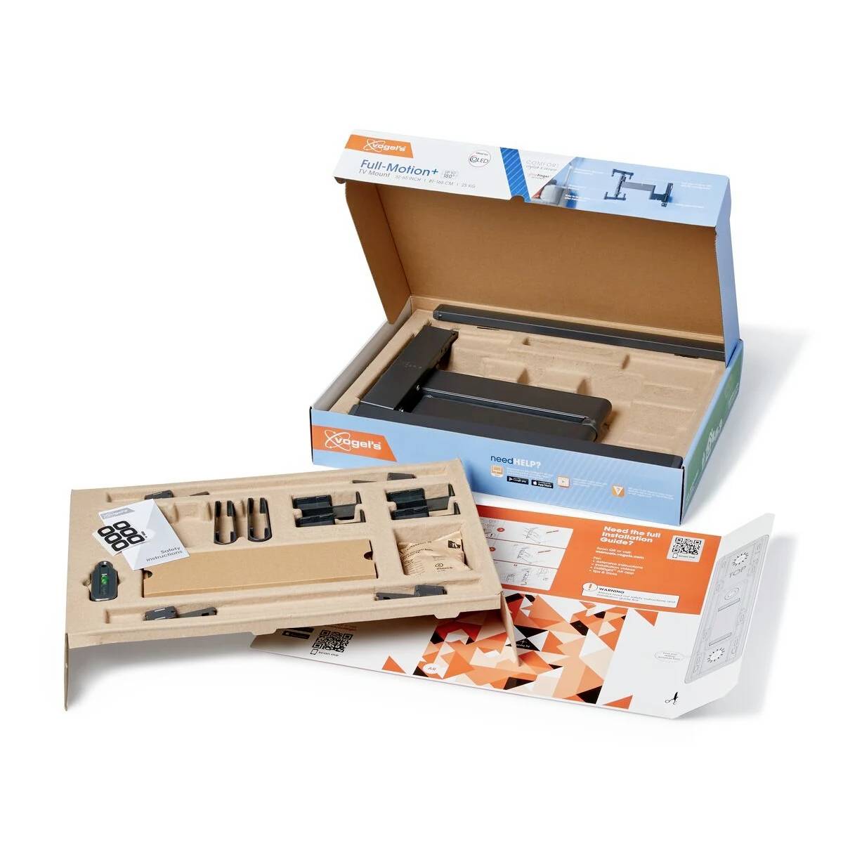 Uchwyt do telewizora Vogels Full-Motion w otwartym opakowaniu. Zawiera materiały montażowe, instrukcję i akcesoria. Optymalny dla telewizorów o przekątnej 19-43 cali.
