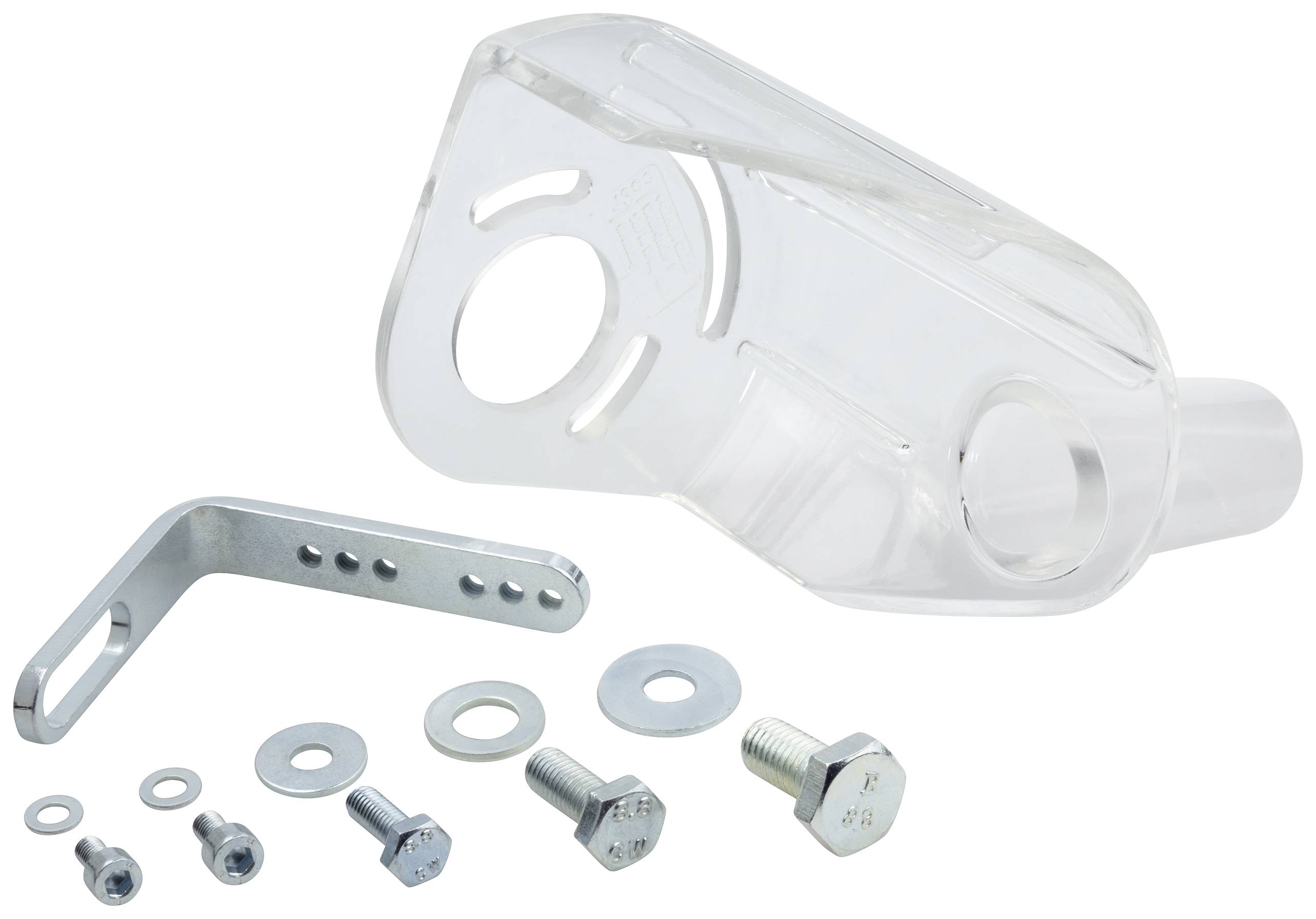 Przezroczysta osłona z tworzywa sztucznego z kilkoma śrubami i podkładkami. Prawdopodobnie służy jako zabezpieczenie elementów technicznych.