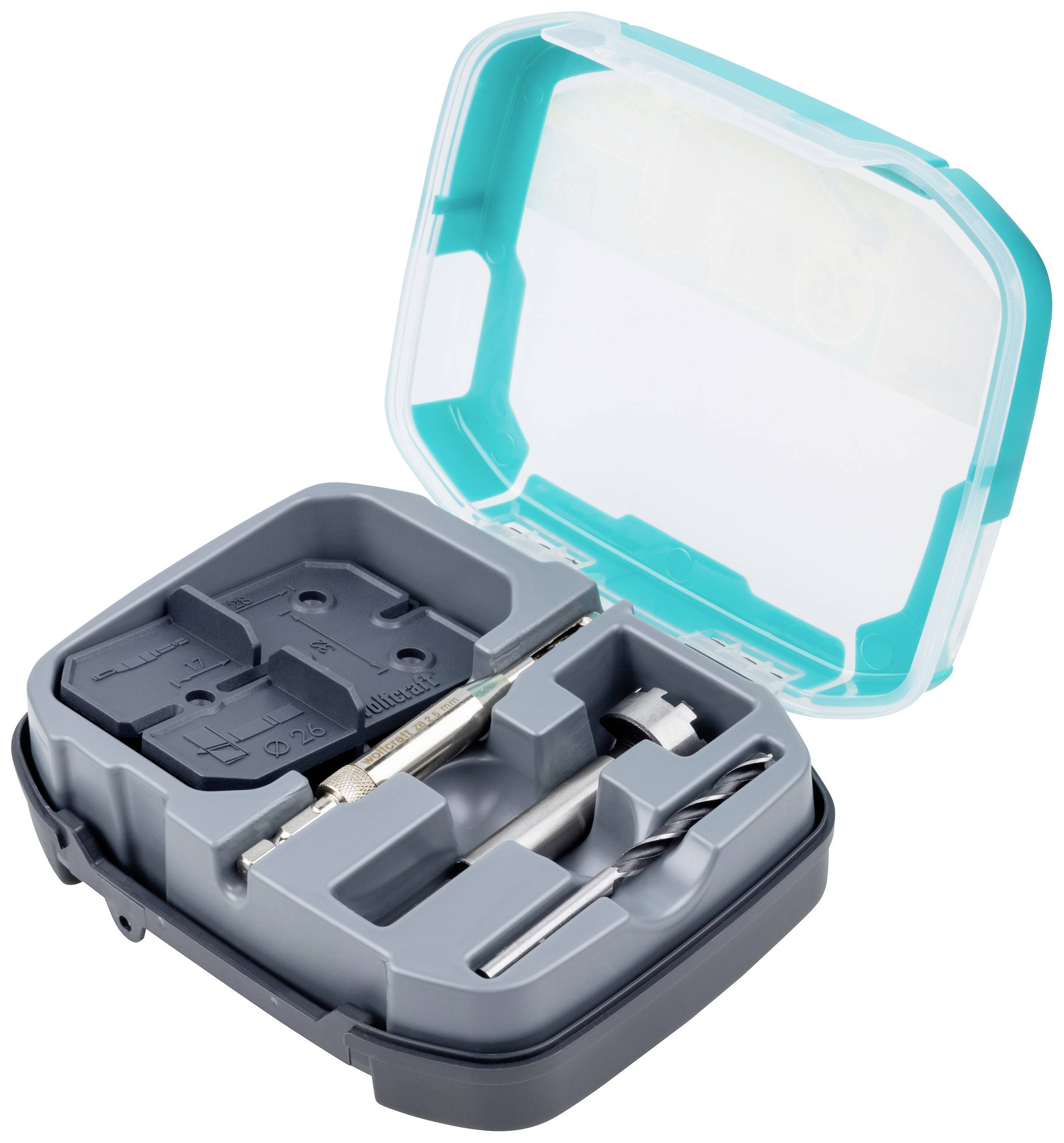 Otwarty kufer z narzędziami z różnymi przystawkami do wiercenia i wkręcania. Wnętrze jest zorganizowane w przegródkach.