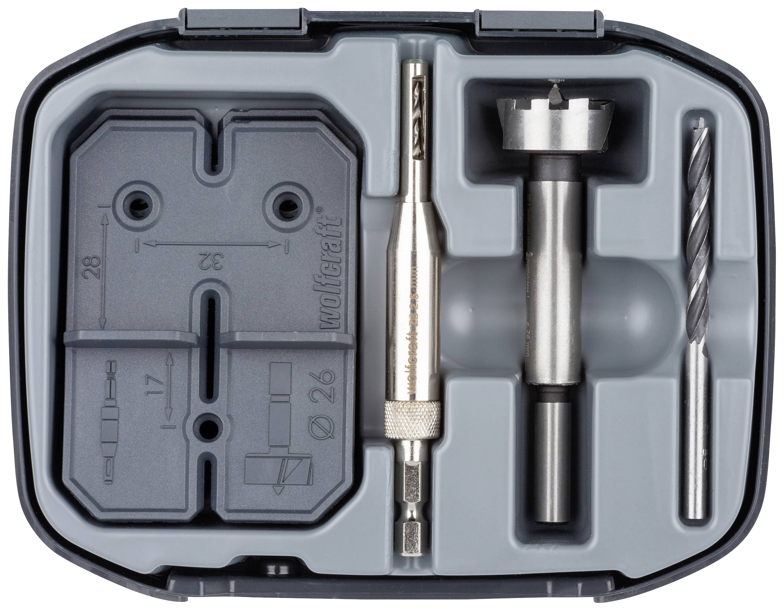 Zestaw narzędzi wiertniczych w szarym pudełku z różnymi końcówkami: wiertła, wiertła Forstner'a oraz adapter kątowy.