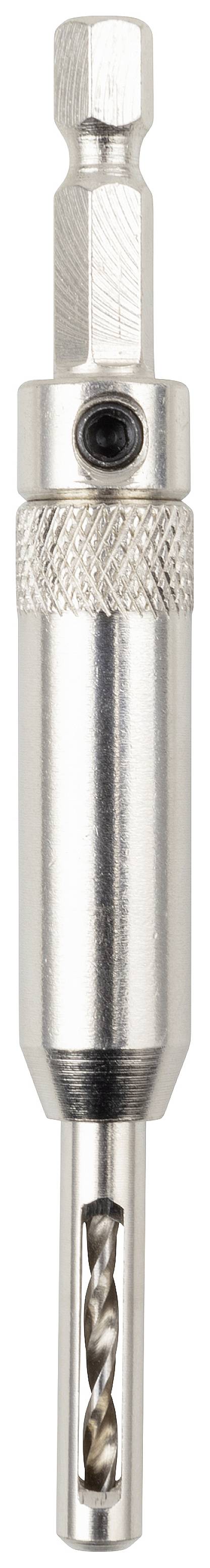 Srebrny uchwyt wiertarski z mocowaniem sześciokątnym i obrotowym wiertłem od spodu, przeznaczony do ręcznych wiertarek.