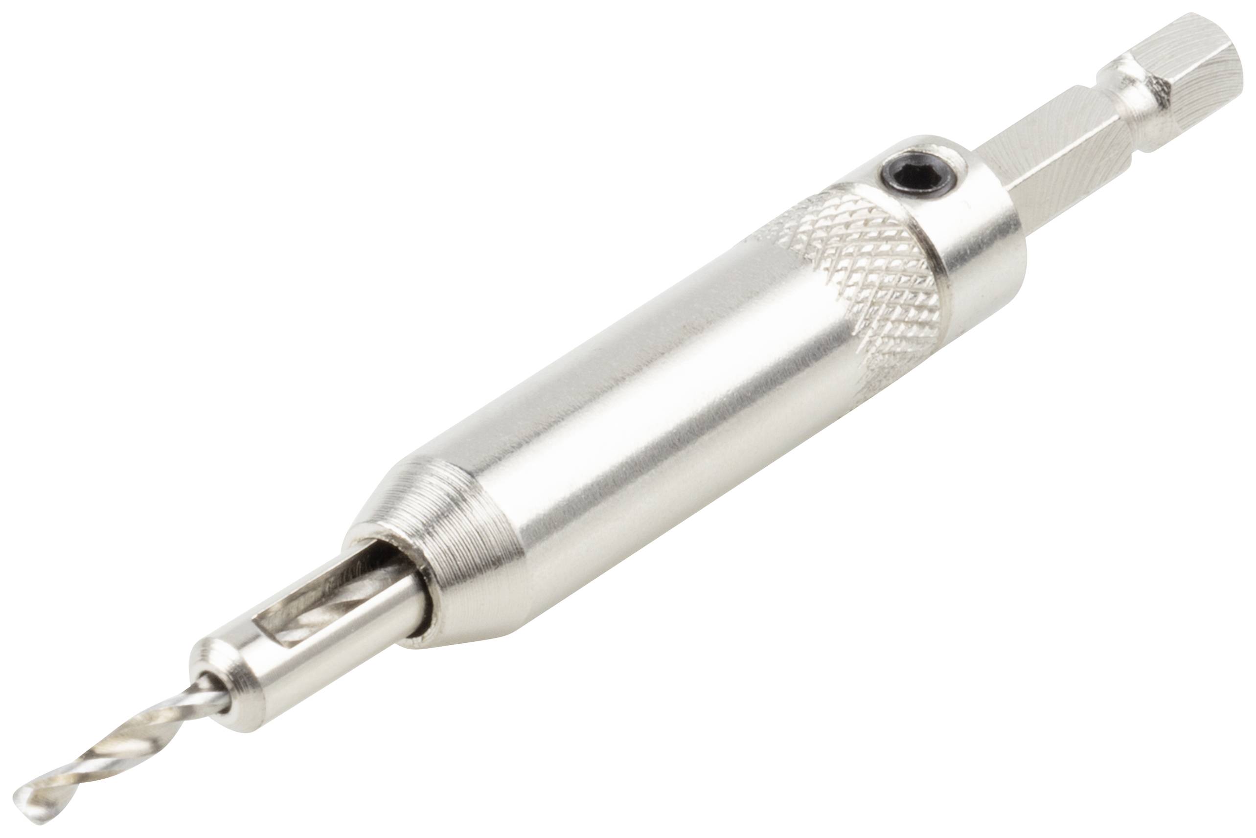 Wiertło metalowe z sześciokątnym chwytem i krzyżową końcówką tnącą, przeznaczone do precyzyjnego wiercenia w powierzchniach metalowych.