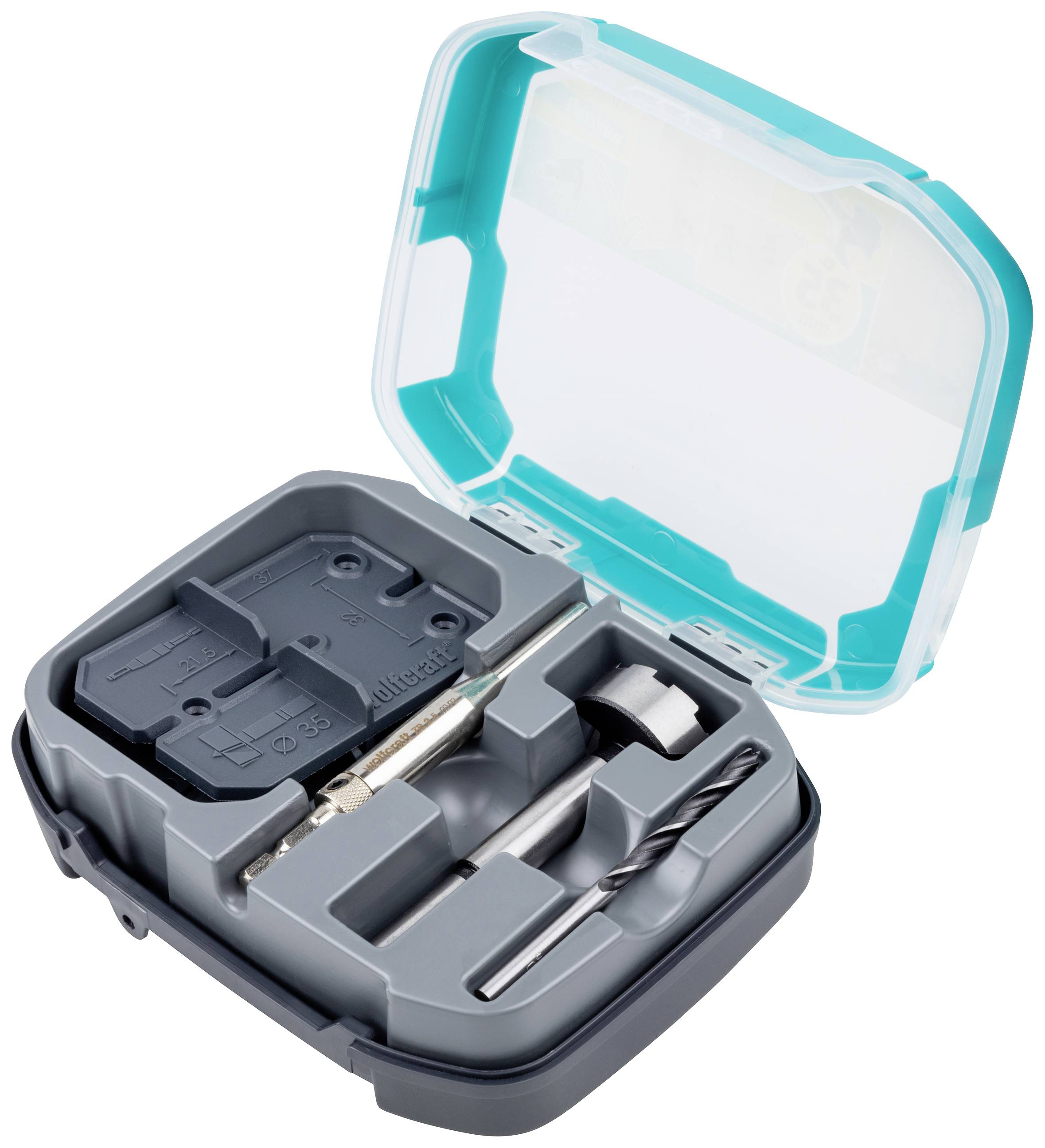 Zestaw narzędzi do wiercenia w otwartym pudełku z tworzywa sztucznego. Zawiera wiertła, końcówki wkrętakowe i adaptery, ułożone w osobnych przegródkach.