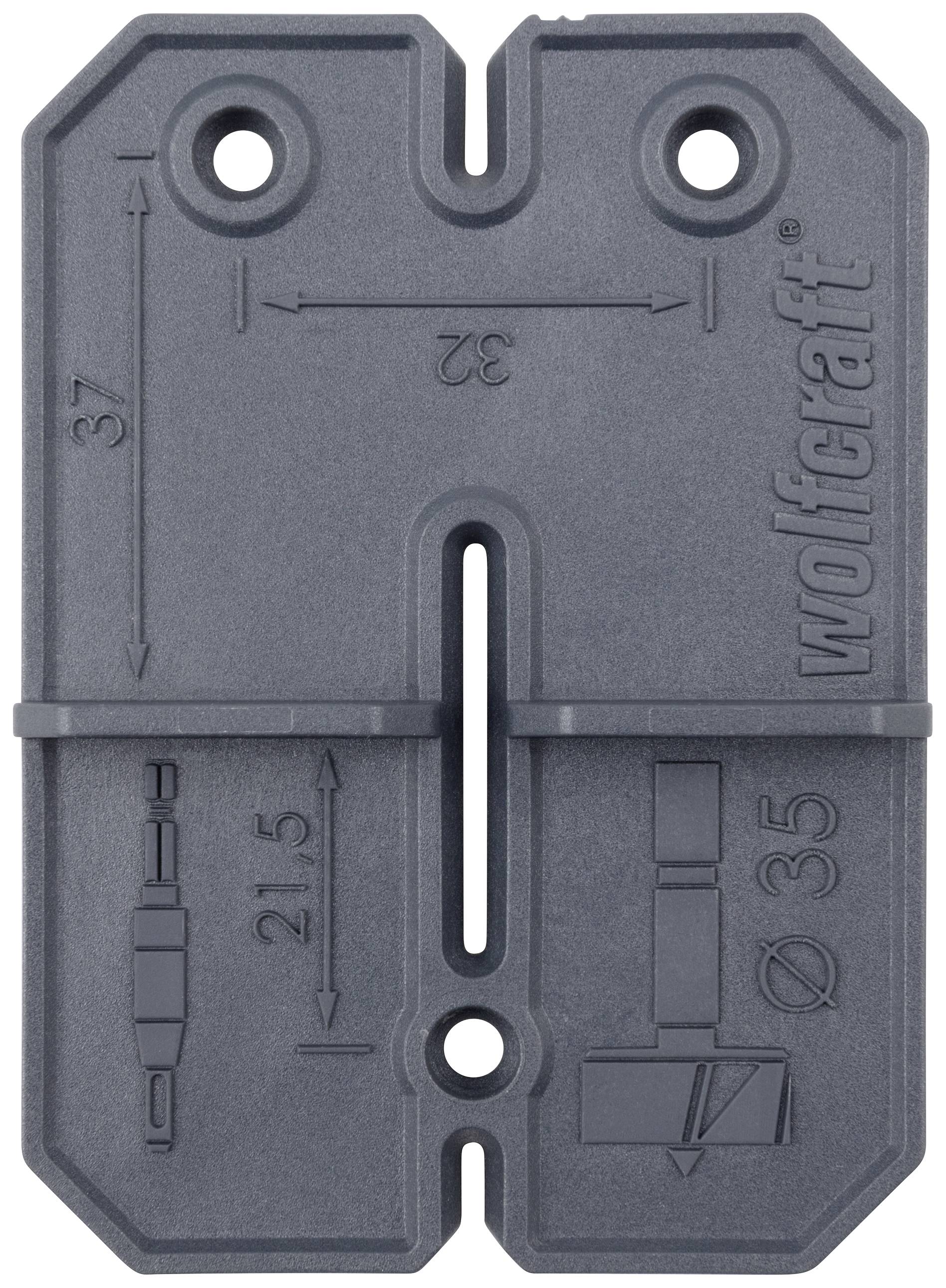 'Szablon do wiercenia otworów pod kołki z wymiarami i instrukcjami wiercenia. Oznaczony dla otworów o średnicy 32 mm, 37 mm i Ø35 mm. Oznaczenie marki Wolfcraft.'