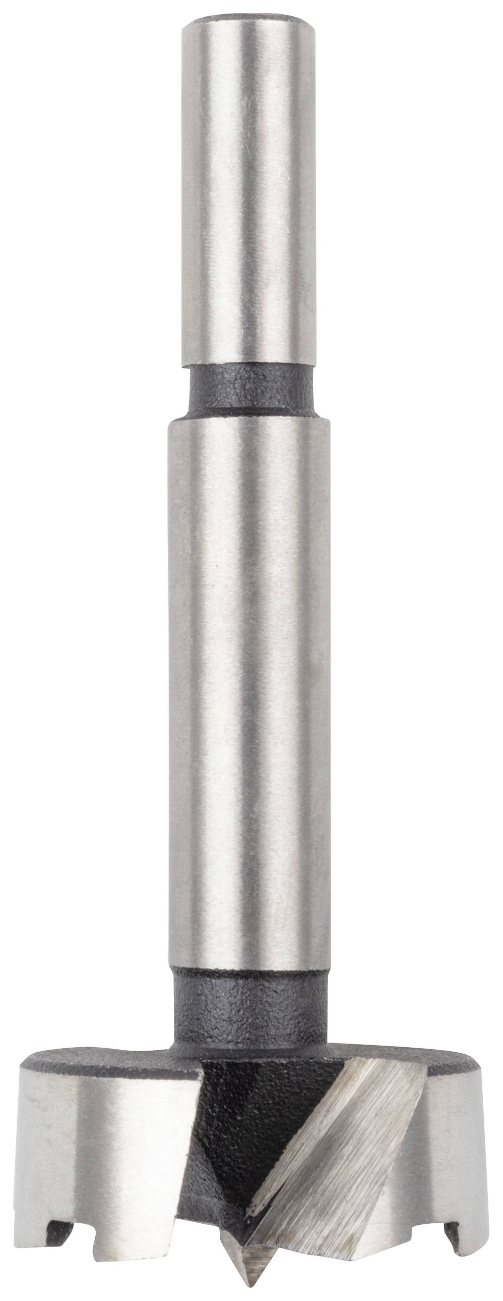 Wiertło Forstner z metalu z płaskim trzpieniem i ostrą, okrągłą krawędzią tnącą na czubku. Idealne do precyzyjnych otworów w drewnie.