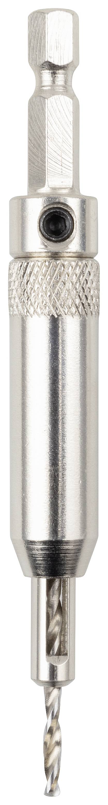 Srebrny pogłębiacz ze ścięciem sześciokątnym i wiertłem stożkowym, powszechnie stosowany do nawiercania i fazowania otworów w drewnie i metalu.