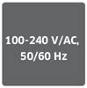 Napis '100-240V/AC, 50/60 Hz' jest widoczny czarną czcionką na szarym tle.