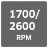 Wyświetlacz urządzenia pokazujący wartości '1700/2600 obr./min', które oznaczają prędkość obrotową urządzenia w obrotach na minutę.