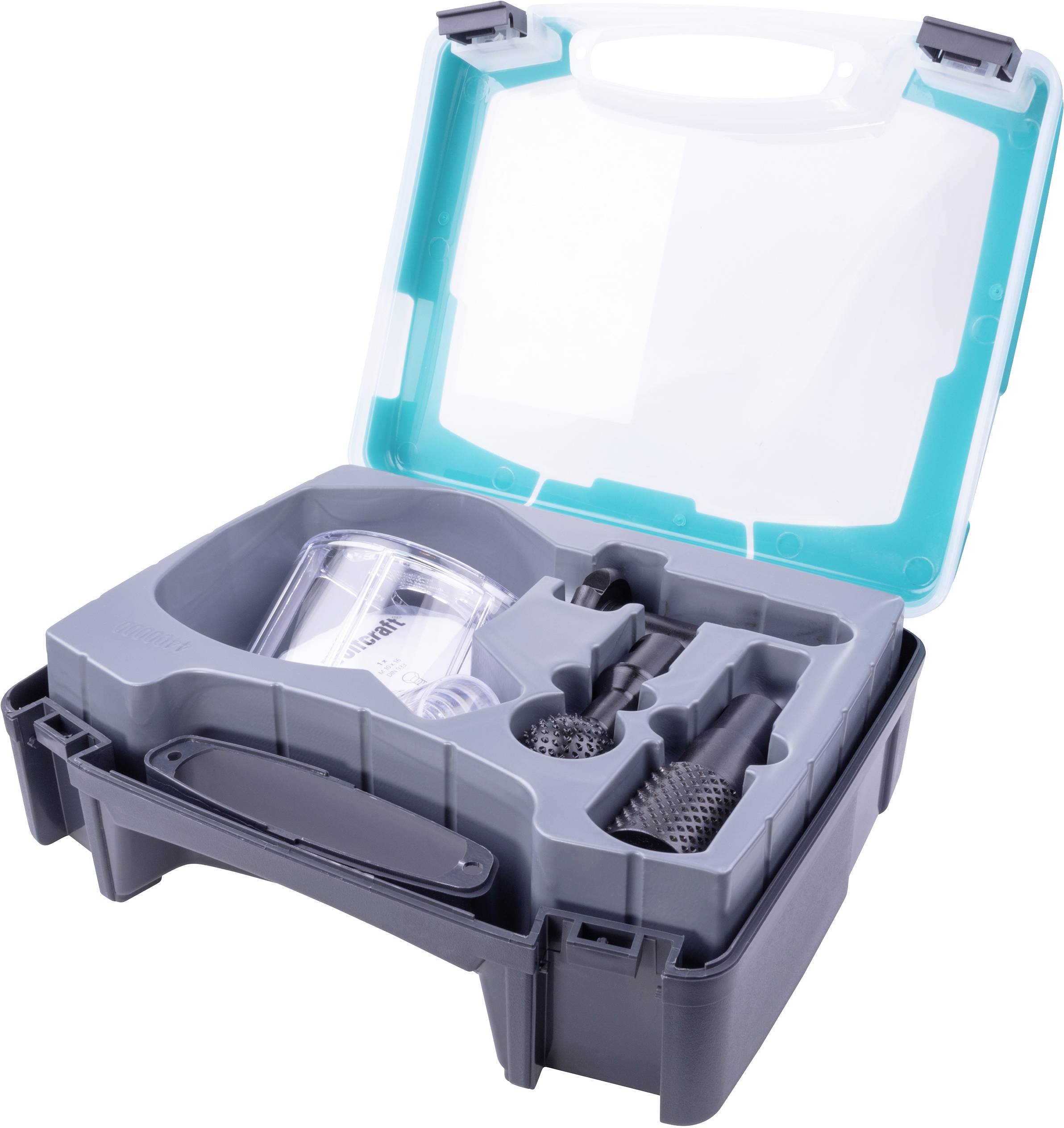 Szara skrzynka narzędziowa z otwartą pokrywą, prezentująca różne przegródki do przechowywania narzędzi i akcesoriów.