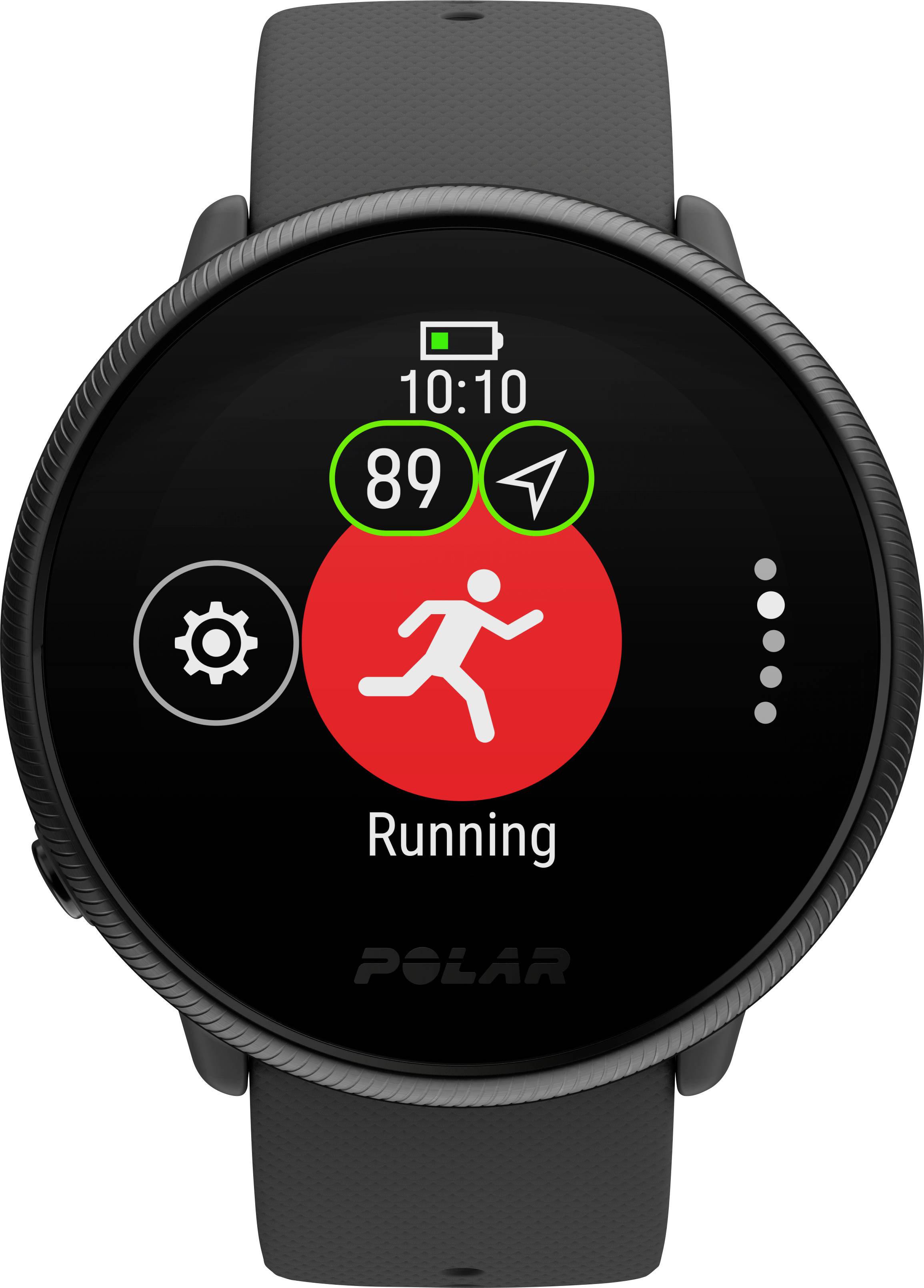Czarny smartwatch z czerwonym symbolem 'Running' i ikoną strzałki, wyświetlający 89% baterii i godzinę 10:10. Nazwa marki u dołu.