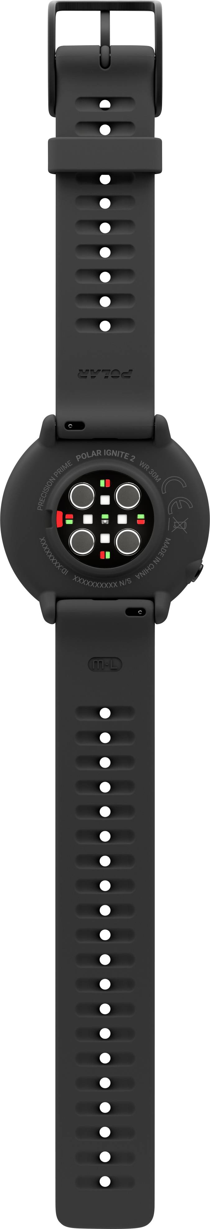 Czarny smartwatch z okrągłą kopertą i silikonowym paskiem, na tylnej stronie widoczne są czujniki pomiaru tętna.