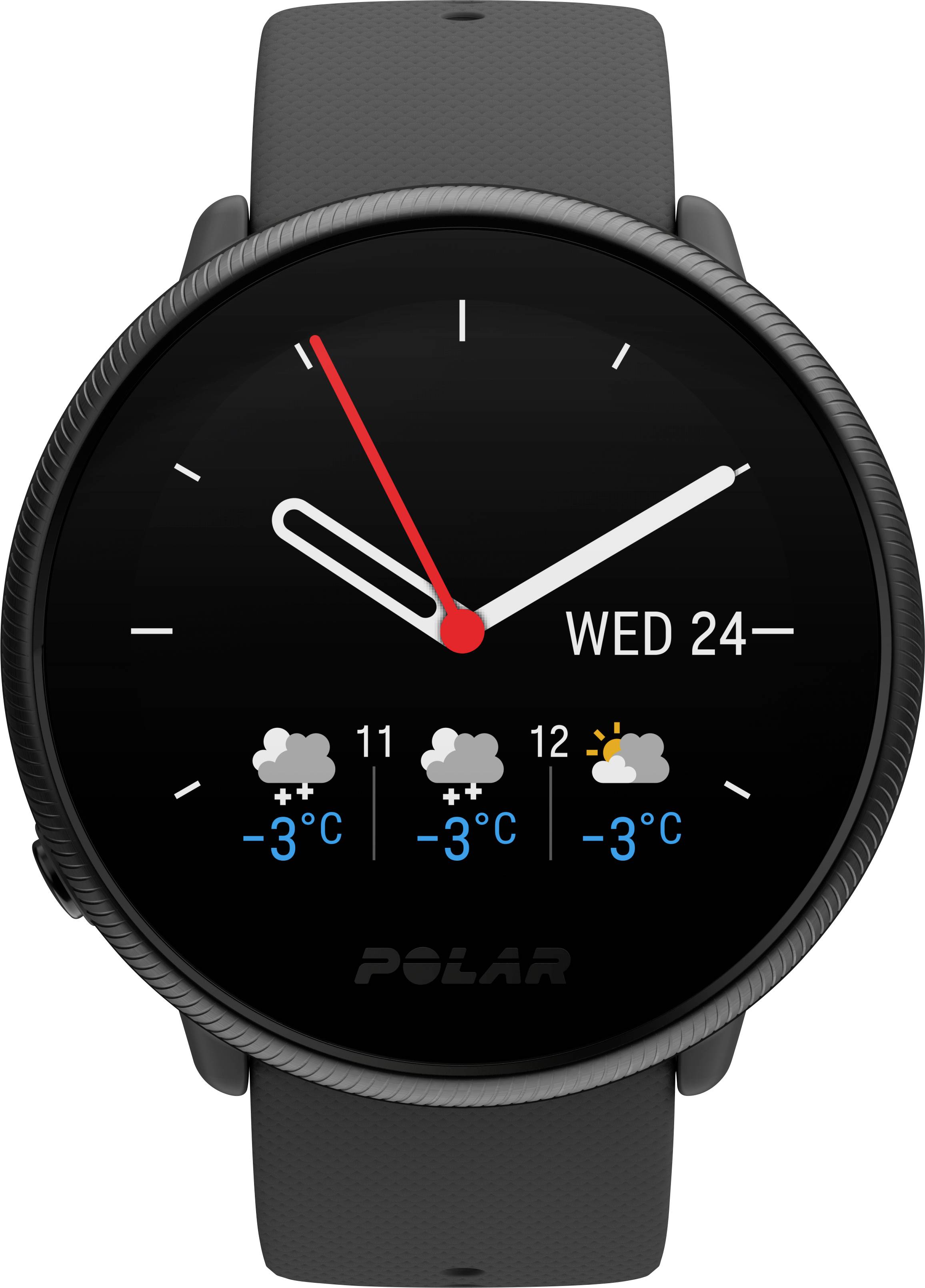 Smartwatch z czarną tarczą wskazuje godzinę 11:10, datę 'Śr, 24', symbol chmur ze śniegiem, temperatura -3°C.