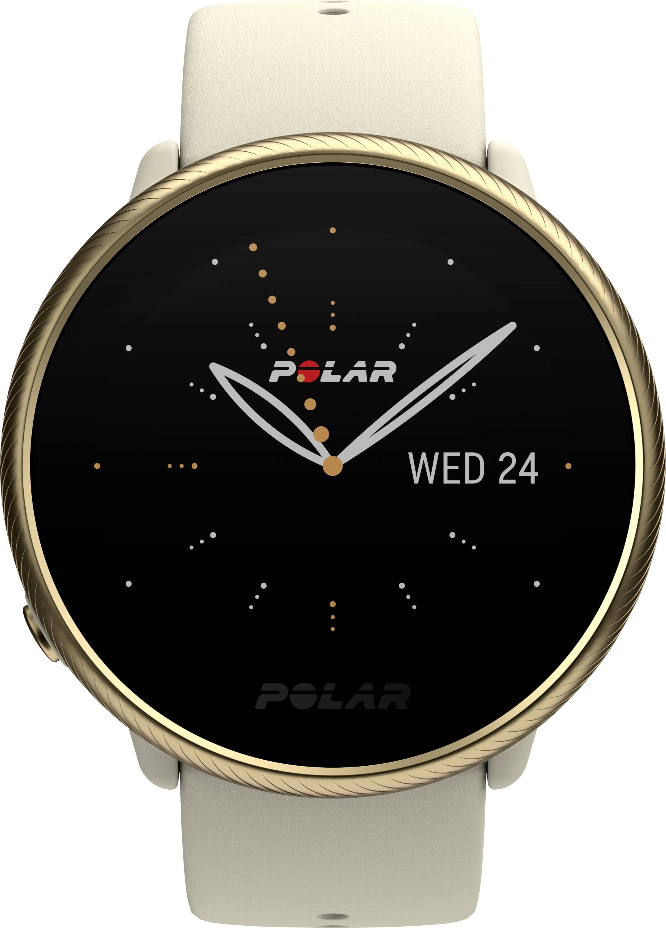 Smartwatch z białym paskiem i złotą kopertą wskazuje godzinę za pomocą minimalistycznych wskazówek oraz datę 'Śr 24'.