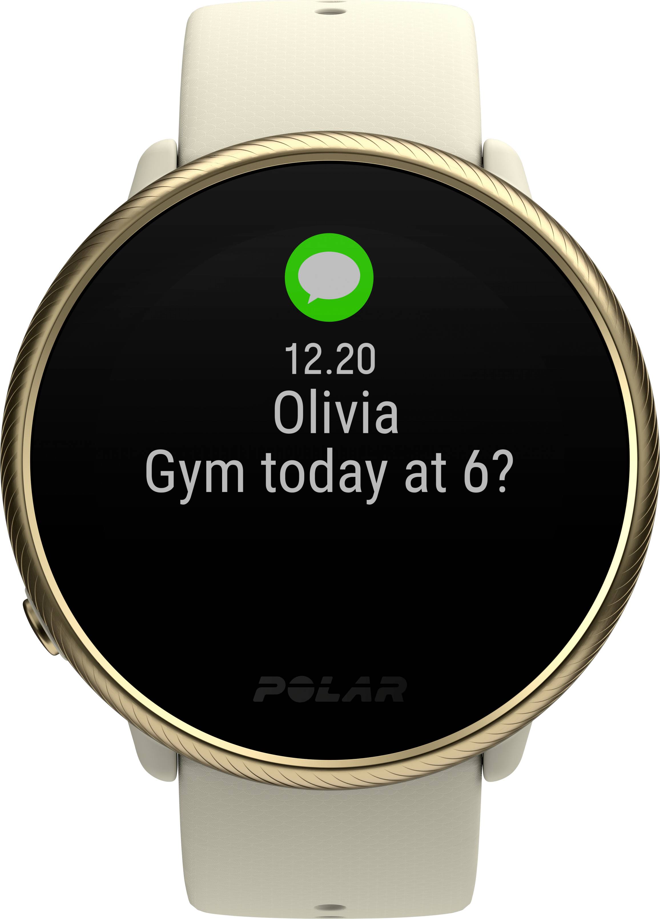 Okrągły smartwatch wyświetla wiadomość przychodzącą od 'Olivii': 'Trening dzisiaj o 18?'. Tło jest czarne ze złotą ramką.
