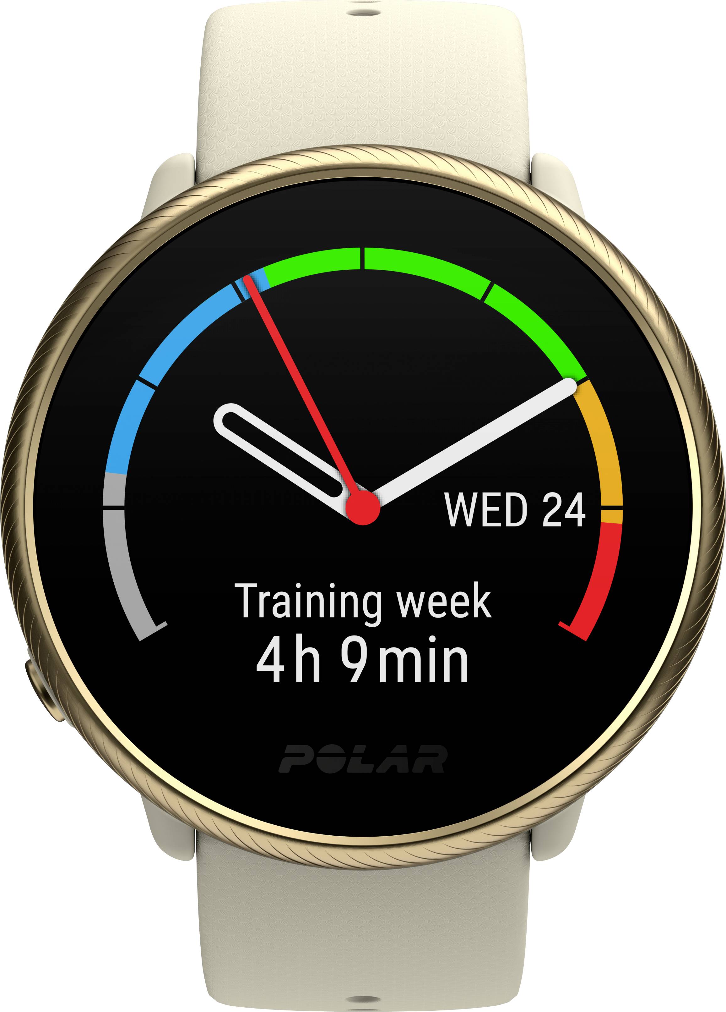 Smartwatch z okrągłym wyświetlaczem pokazuje datę 'Śr 24', czas treningu '4h 9min' oraz kolorowy pasek postępu tygodnia treningowego.