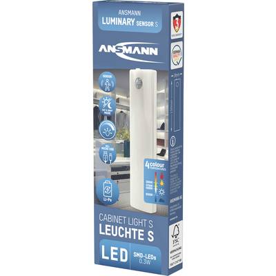 Opakowanie lampy szafkowej Ansmann Luminary Sensor S z informacjami o funkcjach: czujnik, 4 kolory światła, LED, ładowalna.