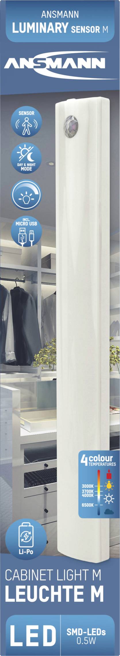 Oprawa kabinowa M z czujnikiem ruchu firmy Ansmann. Światło LED z 4 temperaturami barwowymi. Energooszczędna z diodami SMD, 0,5 W.