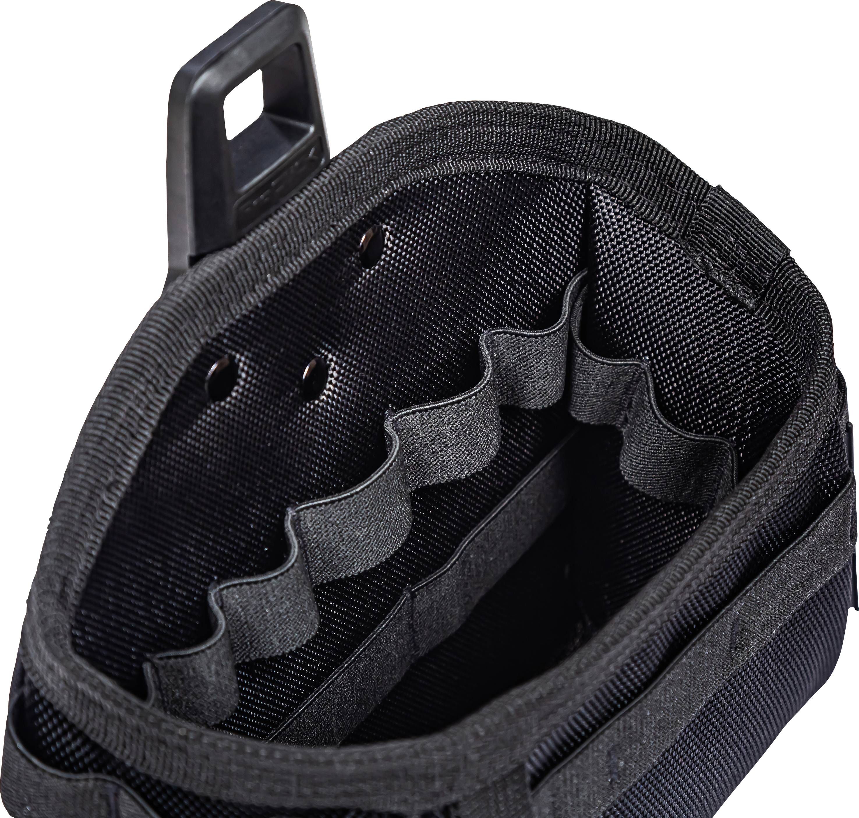 Czarna torba narzędziowa z wieloma kieszonkami, wykonana z wytrzymałego materiału, przeznaczona do przechowywania narzędzi i akcesoriów.