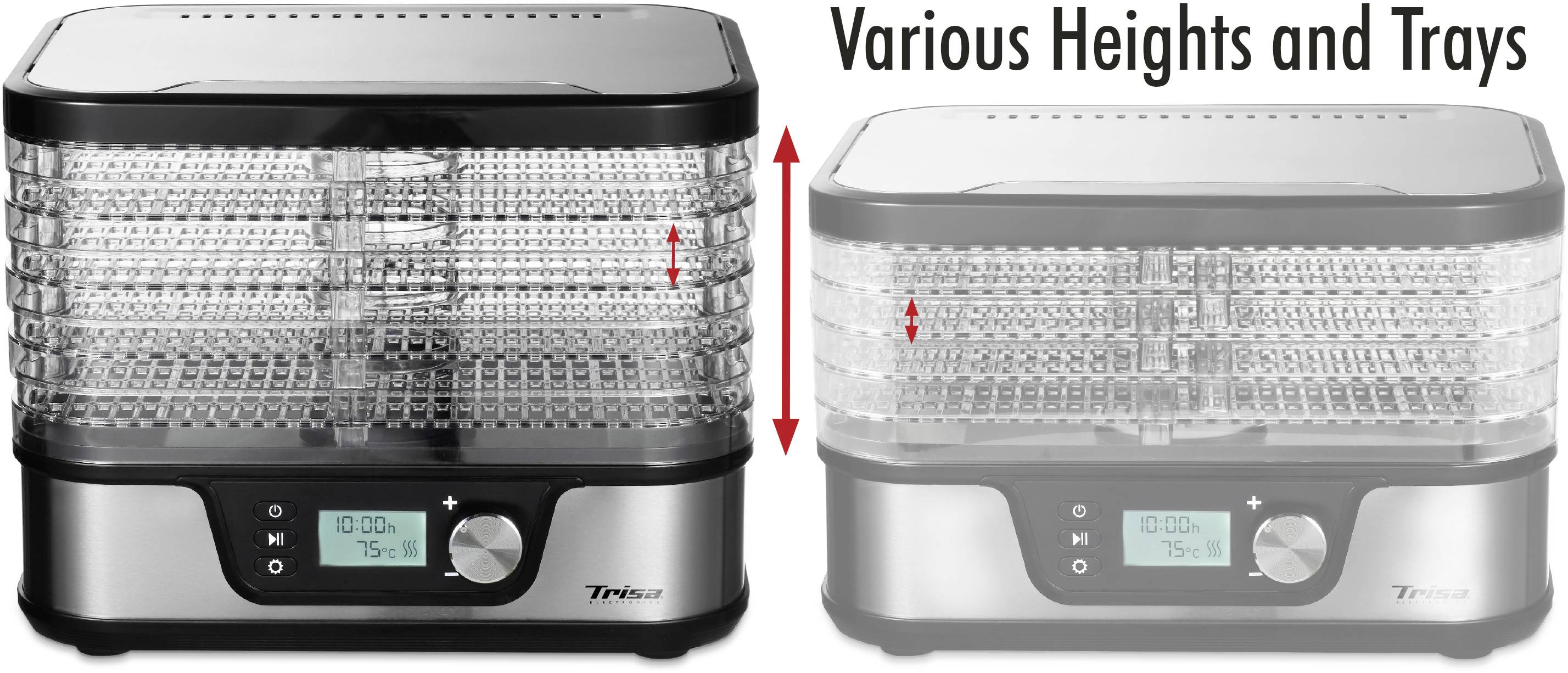 Dwa suszarki do żywności o różnych wysokościach i tacach. Oba urządzenia są wyposażone w wyświetlacz do ustawiania temperatury i czasu.