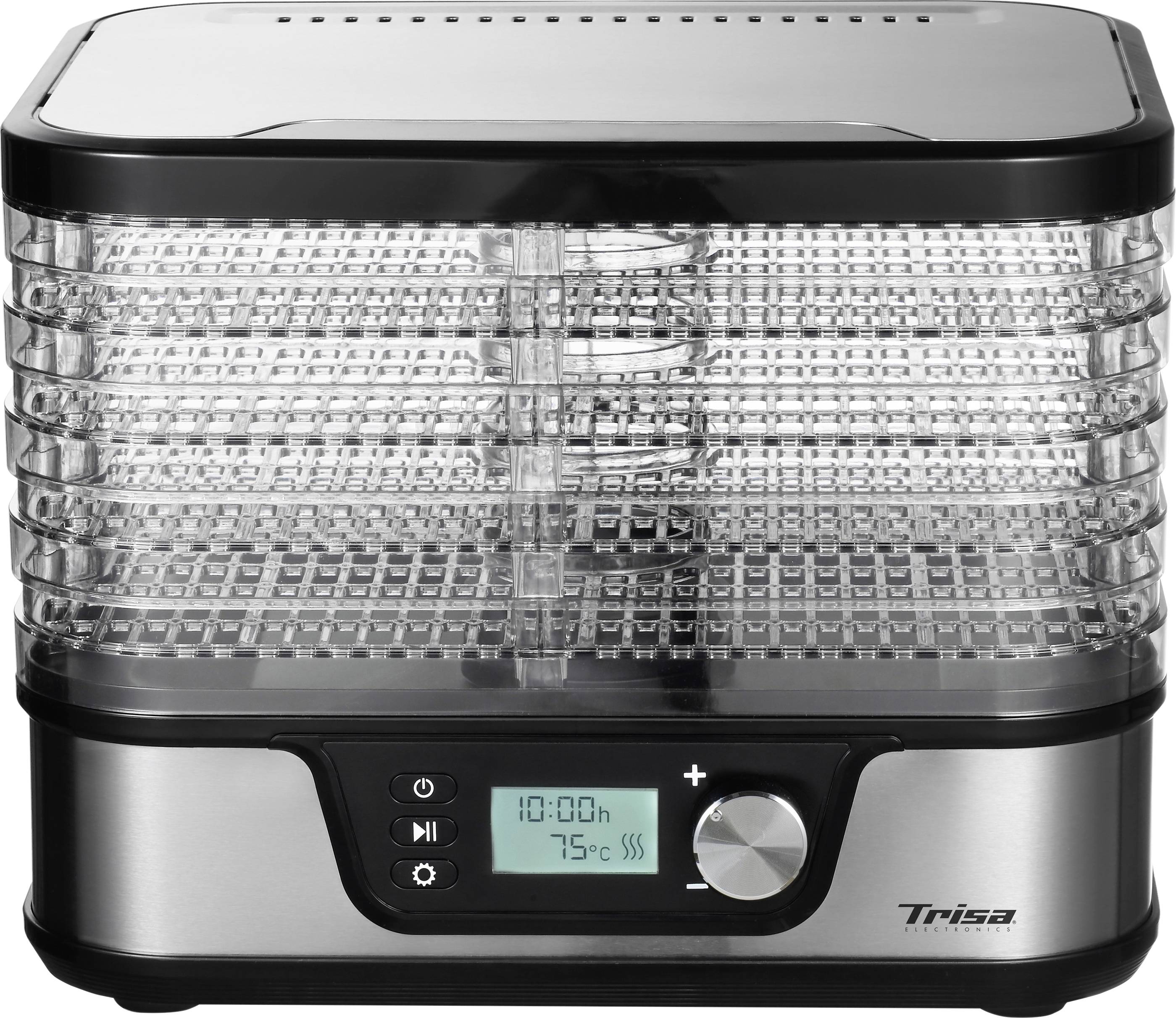 Elektryczny suszarka do żywności z wieloma transparentnymi tackimi oraz wyświetlaczem cyfrowym pokazującym 10:00 i 75°C.