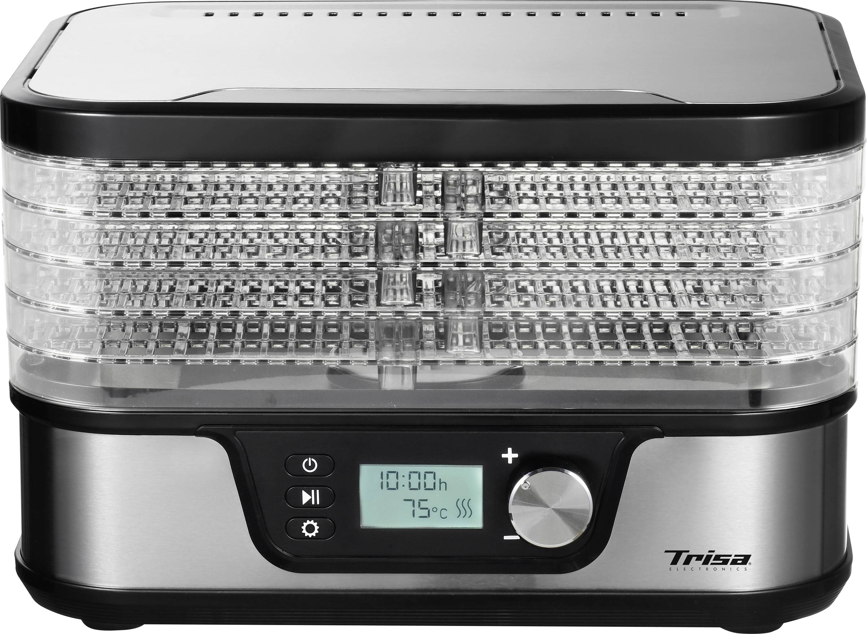 Elektryczna suszarka z wyświetlaczem cyfrowym pokazuje godzinę 10:00 i temperaturę 75 stopni Celsjusza. Urządzenie posiada trzy wyraźne poziomy suszenia.