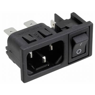 Czarna gniazda zasilająca IEC ze zintegrowanym przełącznikiem włączania/wyłączania, powszechnie używana w urządzeniach elektronicznych do połączenia zasilania i sterowania.