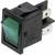 Zielony przełącznik kołyskowy z czarną plastikową obudową, wyposażony w metalowe styki do połączeń elektrycznych, powszechnie stosowany do sterowania włączaniem i wyłączaniem.