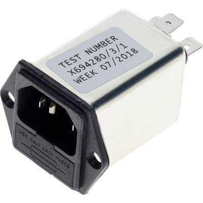 Srebrny i czarny element elektryczny z trzema stykami i gniazdem bezpiecznika. Oznaczony etykietą 'TEST NUMER X694280/3/1 TYDZIEŃ 07/2018'.