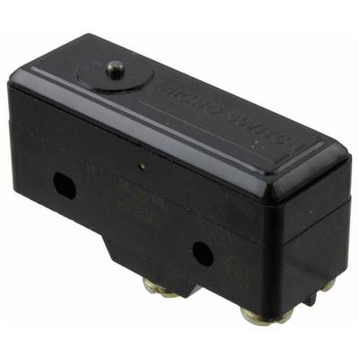Czarny elektryczny przełącznik krańcowy z metalową dźwignią i trzema złotymi zaciskami śrubowymi. Używany do wykrywania mechanicznych limitów ruchu w urządzeniach.