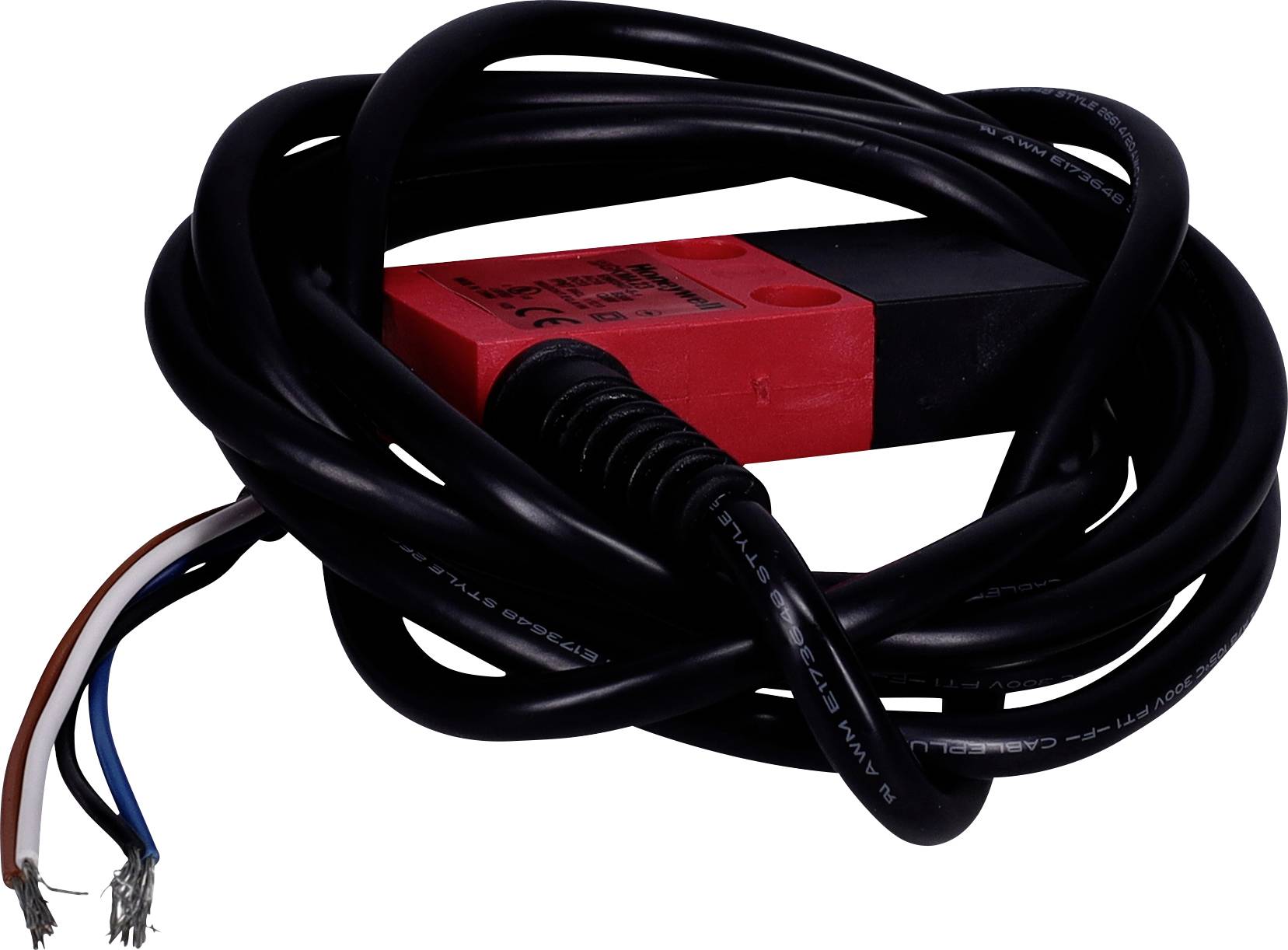 Skręcony czarny kabel z odkrytymi przewodami w kolorach czerwonym, białym, niebieskim i brązowym na jednym końcu, podłączony do czerwonego przełącznika elektrycznego na drugim końcu.