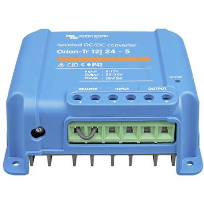 Niebieski izolowany konwerter DC/DC 'Orion-Tr 12/24-5' firmy Victron Energy z przyłączami wejściowymi i wyjściowymi, o mocy 120W.