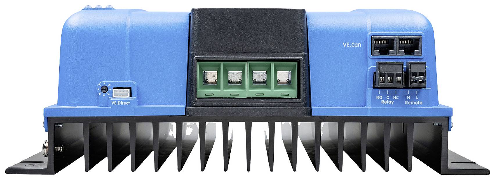 Niebieskie urządzenie elektryczne z żeberkami chłodzącymi i wieloma złączami. Typowe dla zastosowań w systemach zarządzania energią.