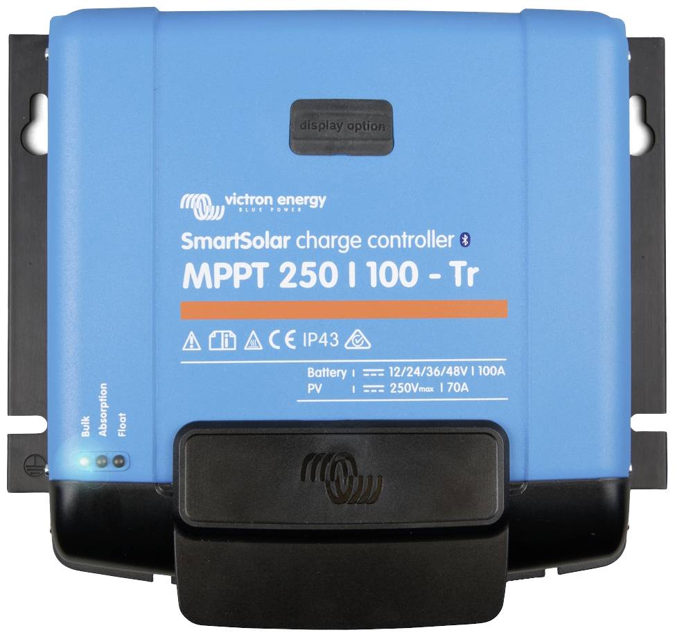 Niebieski regulator ładowania solarnego firmy Victron Energy, model 'SmartSolar MPPT 250/100-Tr', IP43, przeznaczony do systemów 12/24/36/48V, 100A.