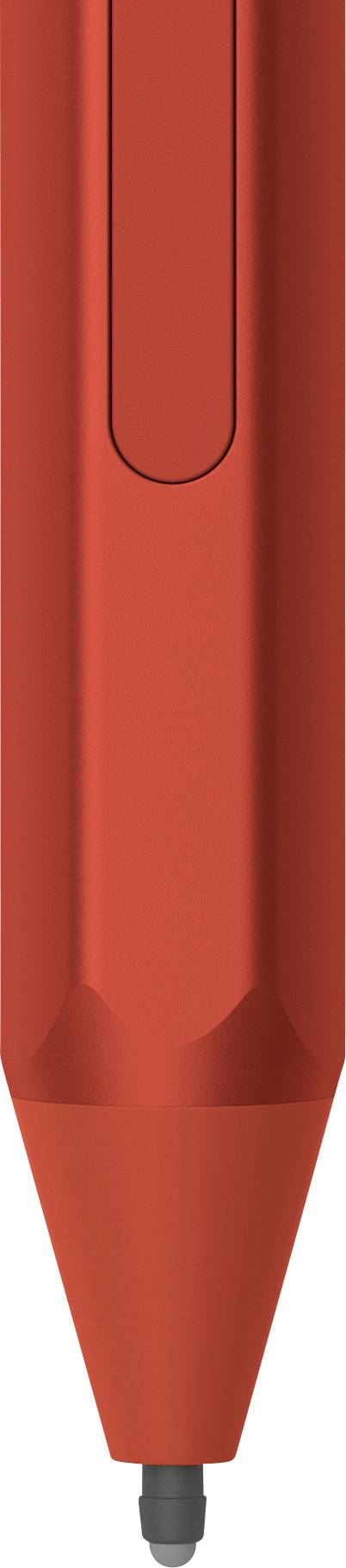 Czerwony wierzchołek wkładu pióra z czarnym czubkiem, przedstawiony w zbliżeniu.