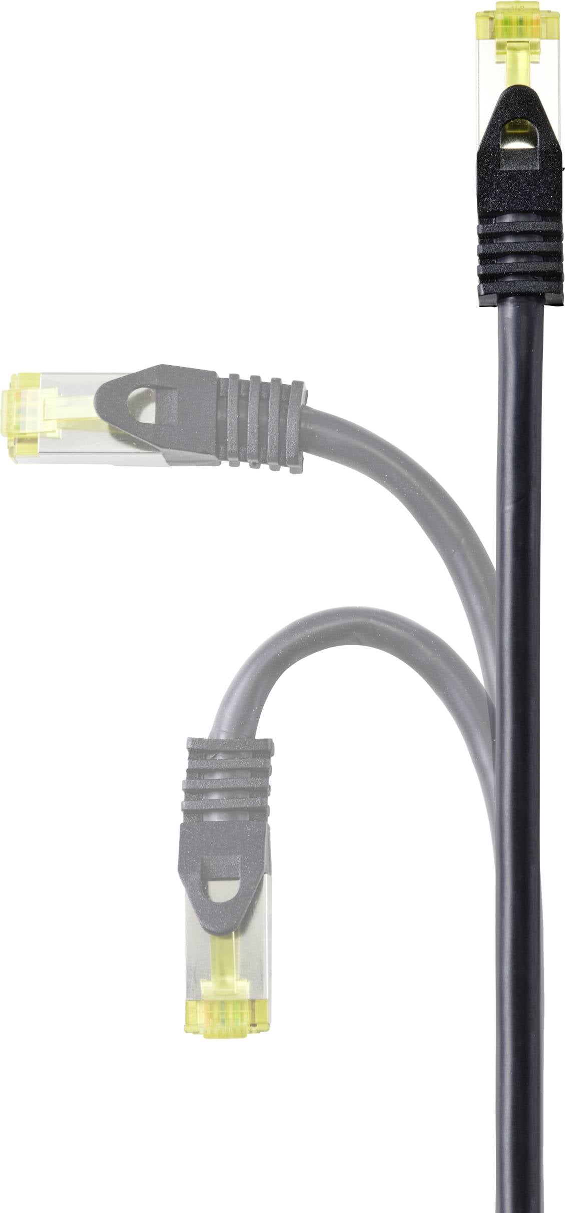 Czarny kabel sieciowy z żółtą wtyczką, która rozgałęzia się na trzy sekcje. Przedstawiony jest w układzie pionowym.