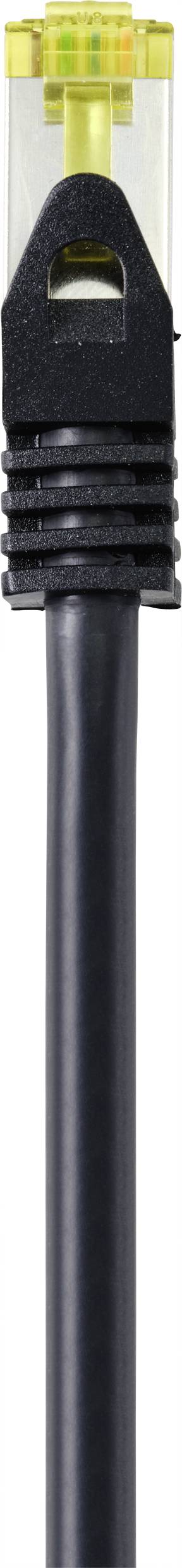 Czarny kabel Ethernet z przezroczystą wtyczką, widziany z bliska.