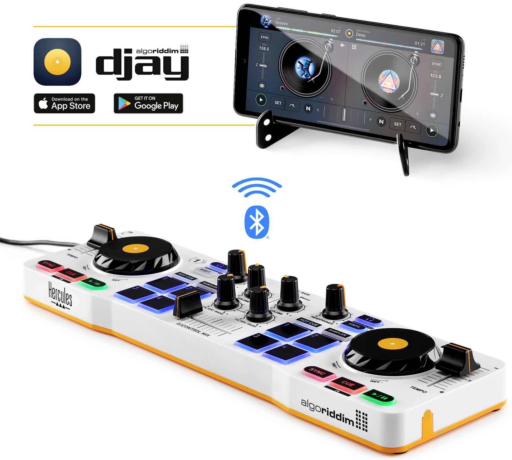 Kontroler DJ z integracją smartfona przez Bluetooth. Wyświetla użycie aplikacji na smartfonie, wspierany przez przyciski i pokrętła kontrolera.