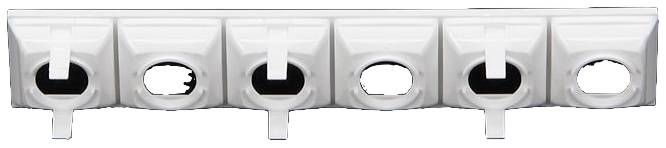 Seria pięciu białych pojemników z zaworami spustowymi, prawdopodobnie przeznaczonych do przechowywania żywności lub przypraw.