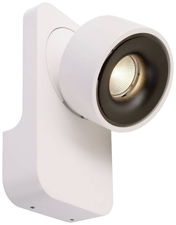 Biała, nowoczesna lampa ścienna LED o cylindrycznym kształcie. Lampa jest lekko pochylona i emituje ciepłe światło. Idealna do oświetlenia akcentowego.