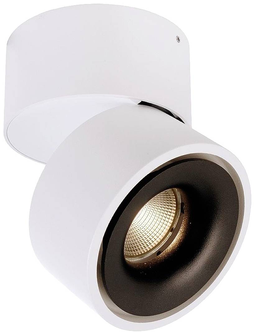 Biała, nowoczesna lampa sufitowa z okrągłym, obrotowym kloszem i widocznym źródłem światła LED, idealna do ukierunkowanego oświetlenia.