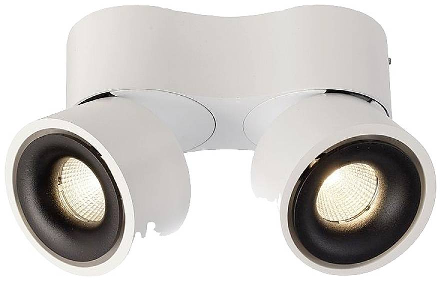Biała lampa sufitowa z dwoma obrotowymi, okrągłymi reflektorami. Nadaje się do precyzyjnego oświetlania wnętrz.