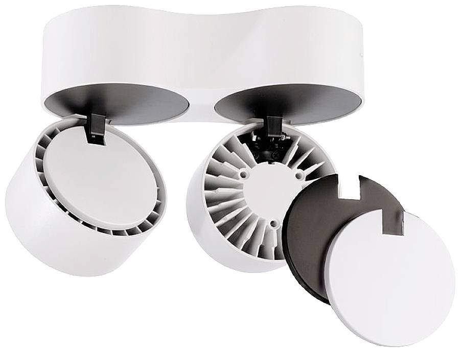 Nowoczesna, biała lampa sufitowa z dwoma obrotowymi reflektorami w kształcie cylindra, z możliwością zdjęcia osłon. Idealna do oświetlenia wnętrz.
