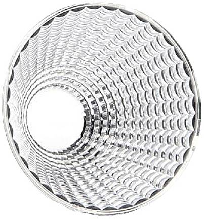 Struktura soczewki LED z okrągłym, falistym wzorem, która wydajnie rozprasza i ogniskuje światło.