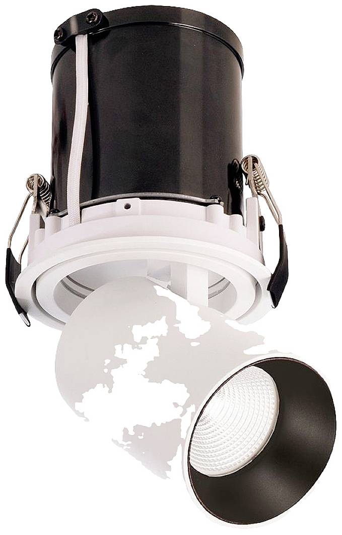 Wpuszczana lampa LED z czarną obudową i białym pierścieniem wewnętrznym, odpowiednia do nowoczesnych projektów sufitowych.