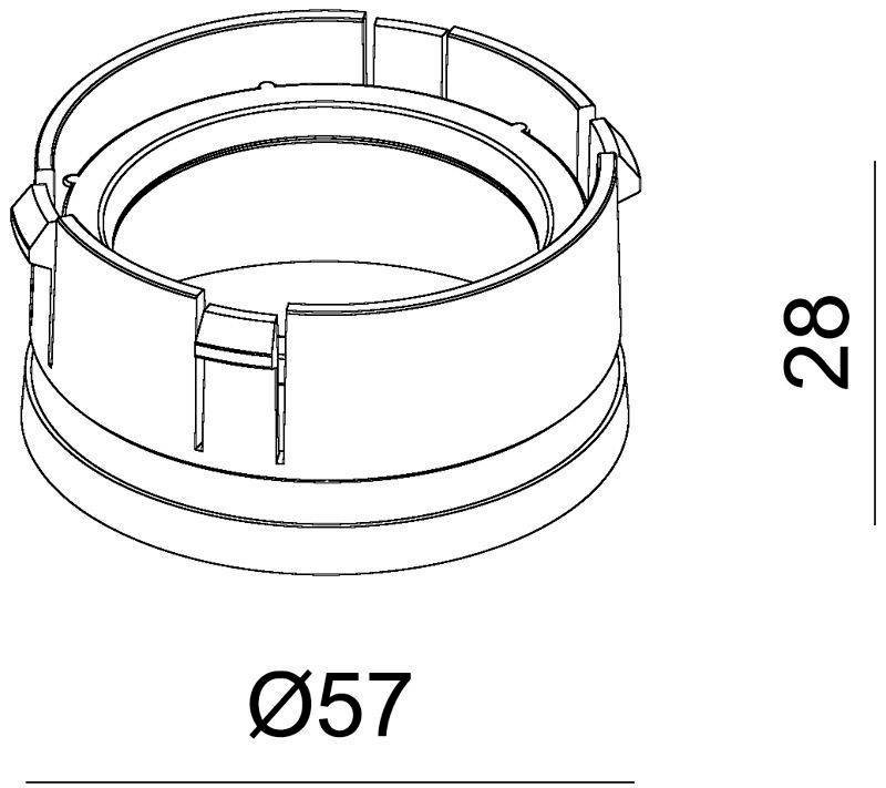 Rysunek techniczny elementu cylindrycznego. Średnica: 57 mm, wysokość: 28 mm.