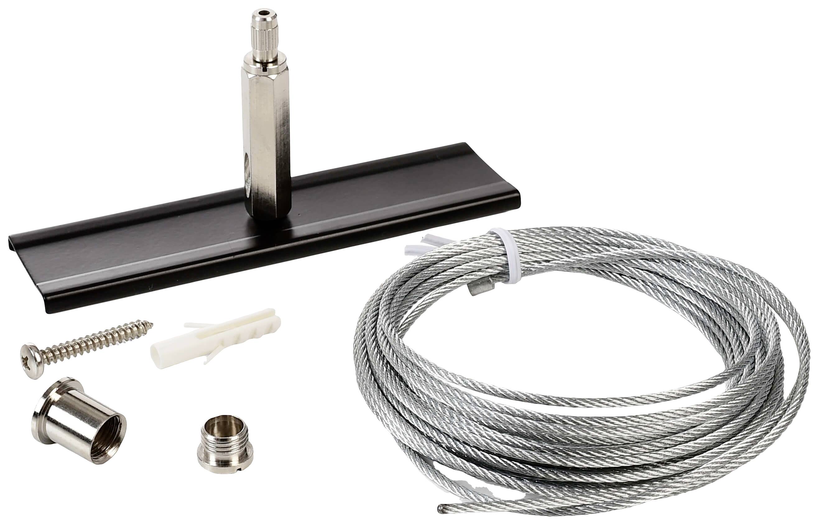 Zestaw montażowy składający się z metalowego uchwytu, śruby, kołka rozporowego i linki stalowej, odpowiedni do systemów zawieszeniowych.