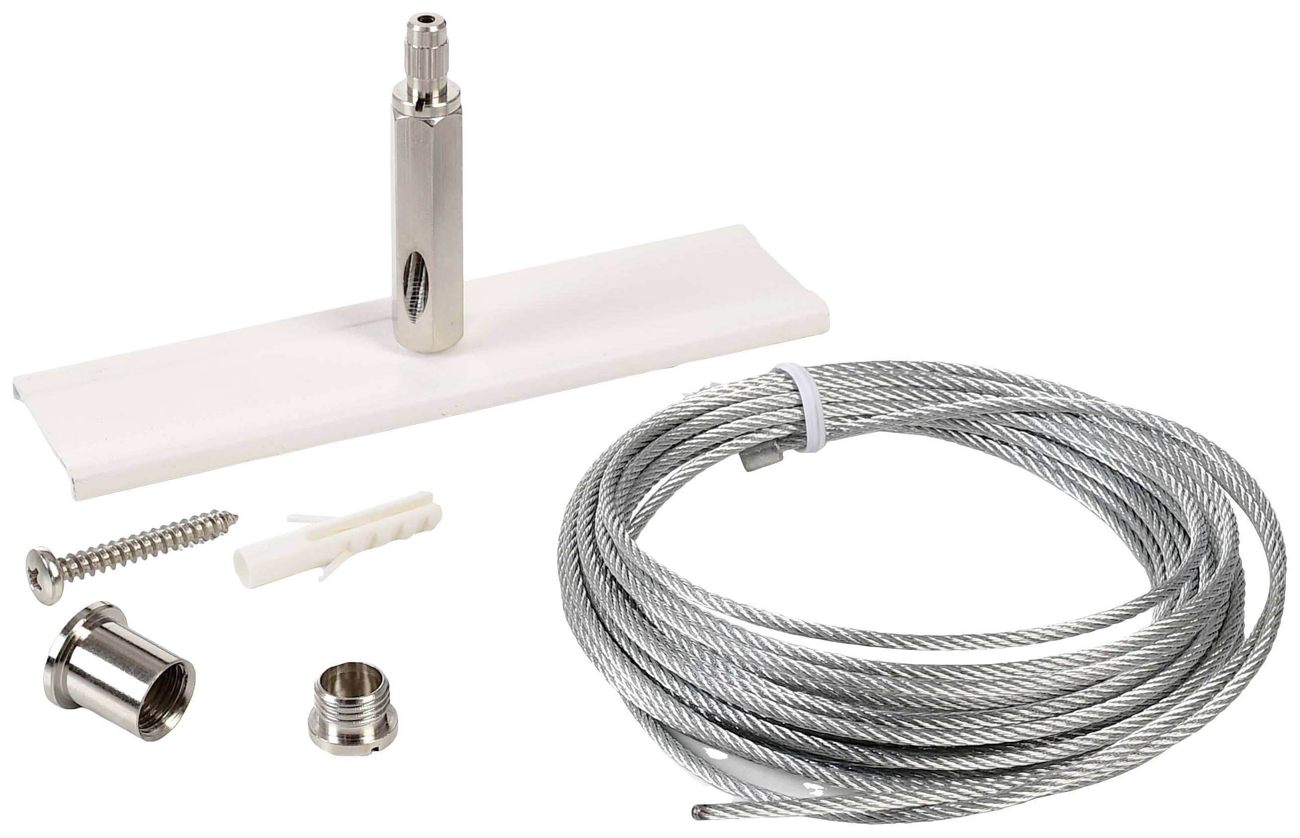 Zestaw montażowy do systemu podwieszanego kabli, składający się z linki stalowej, śrub, kołków i elementów mocujących. Idealny do mocowania sufitowego.