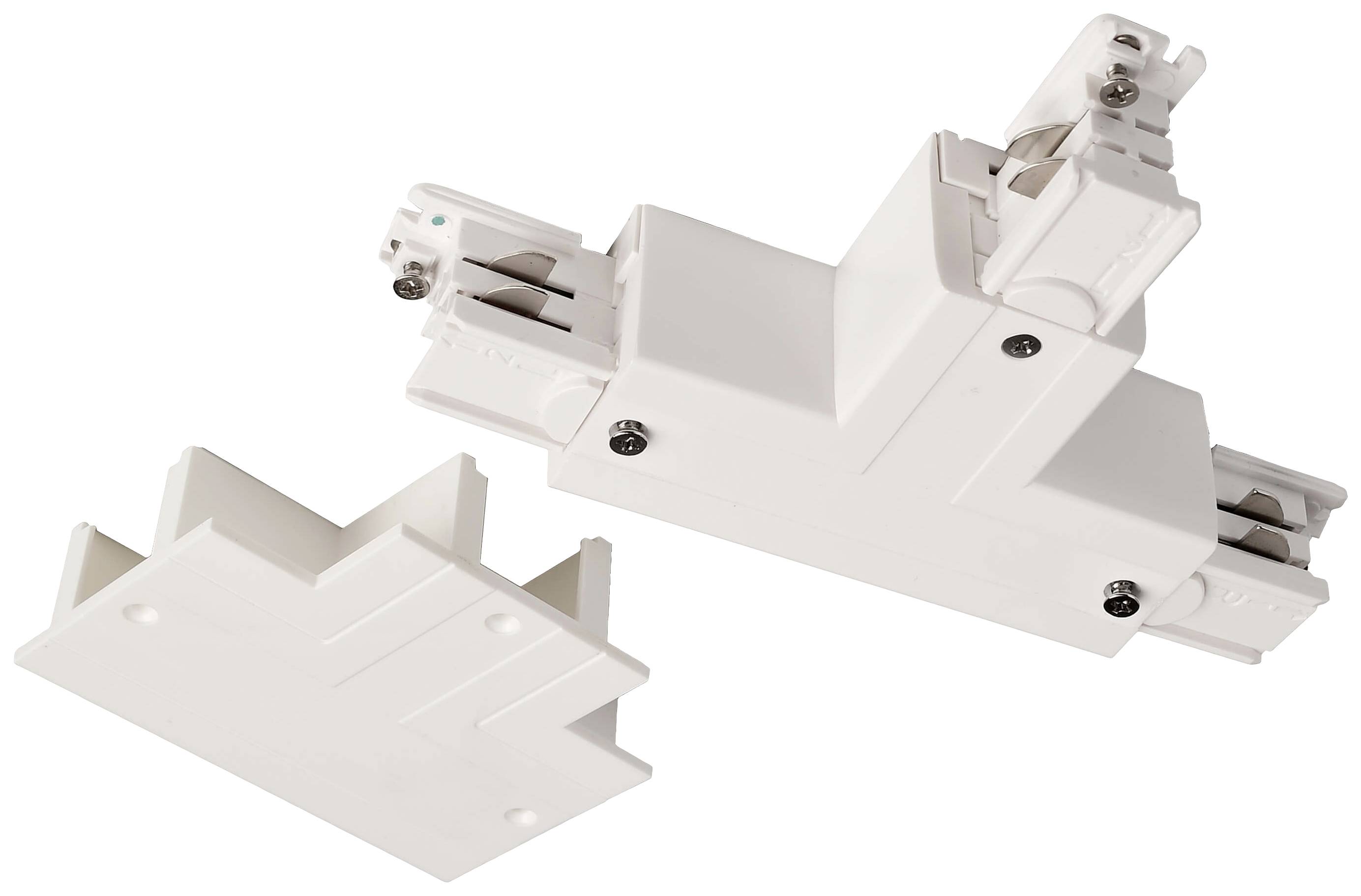 Dwa białe, połączone ze sobą elementy z tworzywa sztucznego w kształcie litery L przeznaczone do elektrycznych systemów szynowych.